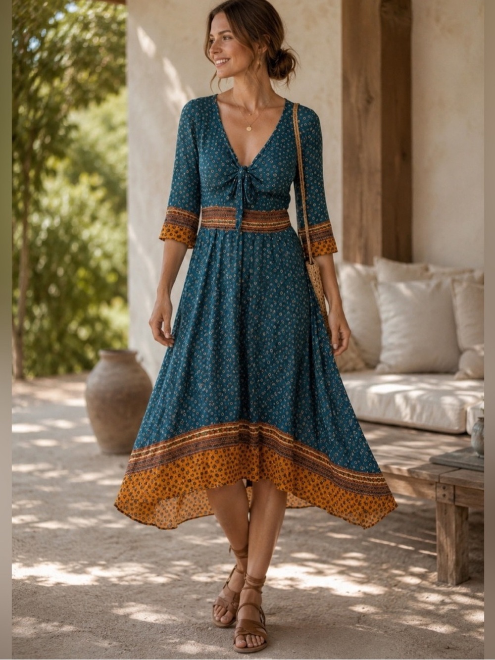 Maeve by Anthropologie Teal Geometric Print Tie Front Midi Dress, NWOT, size XS